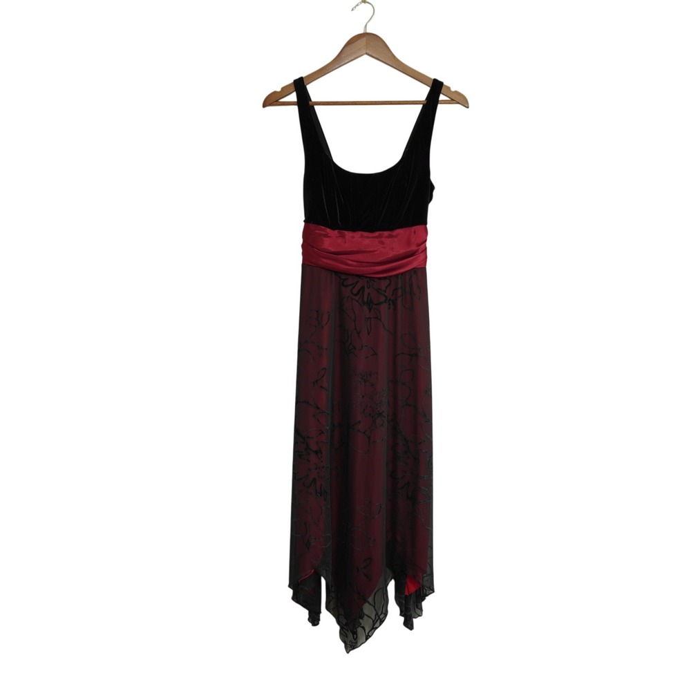 Studio Y 90s Y2K Whimsigoth Black Velvet Midi Dress Red Floral Handkerchief